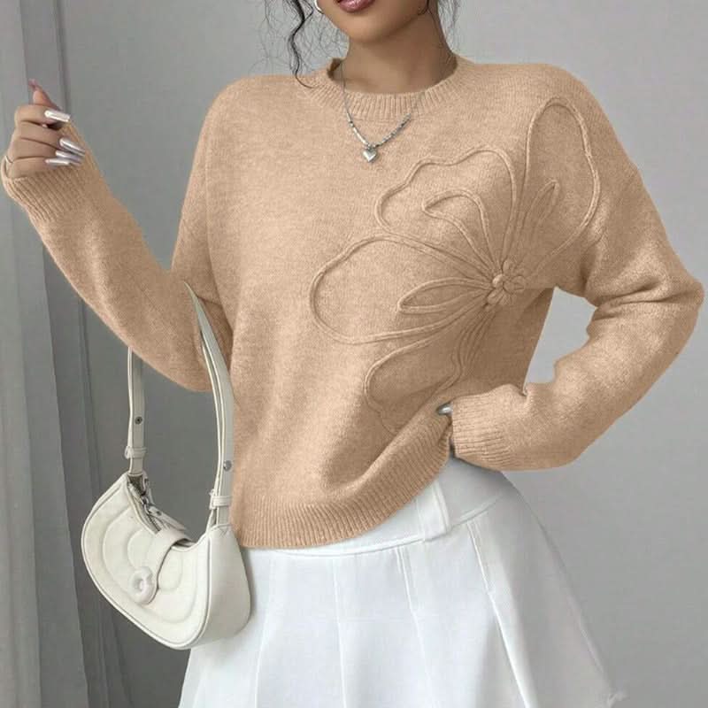 Pull Col Rond Motif Fleur Épaules Tombantes