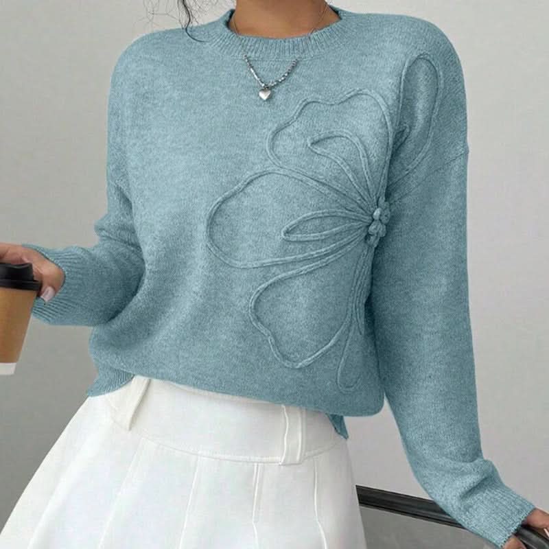 Pull Col Rond Motif Fleur Épaules Tombantes