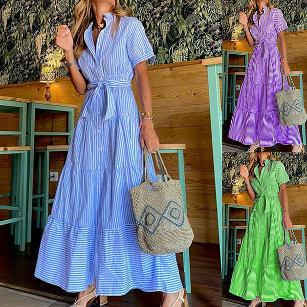 Robe Midi Rayée Élégante Coupe Ample à Col Chemise