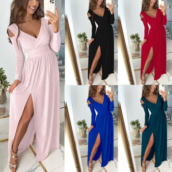 Robe Longue Fendue Élégante Manches Longues