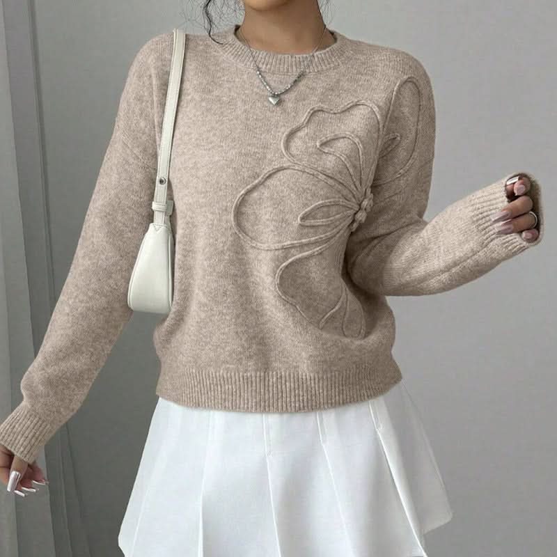 Pull Col Rond Motif Fleur Épaules Tombantes