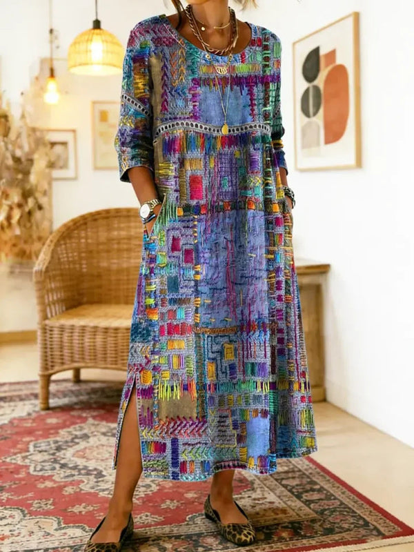 Robe Élégante Rétro Manches Longues Encolure Ronde Coupe Ajustée