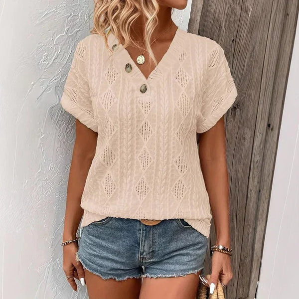 T-shirt avec boutons et col en V - Tissu texturé et manches courtes