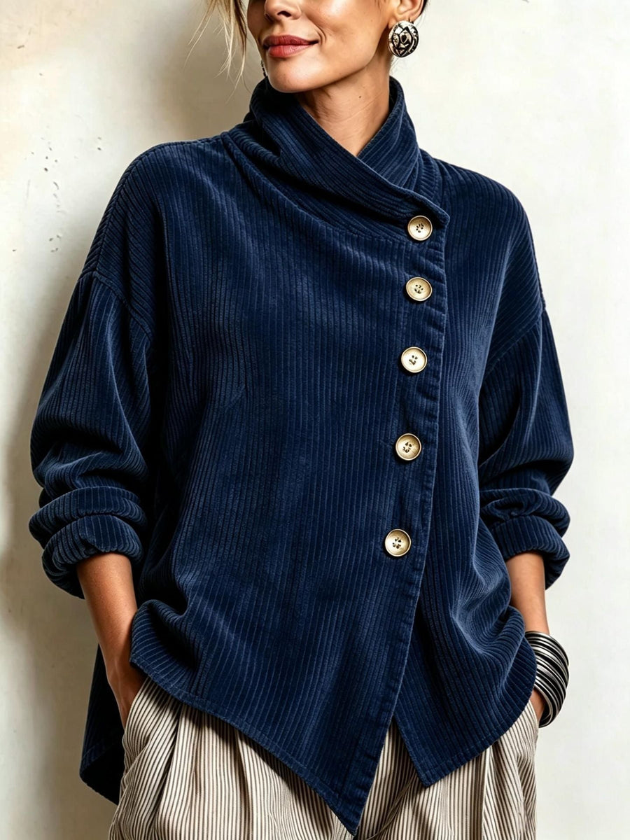 Pull Col Montant Drapé Boutonnage Diagonal