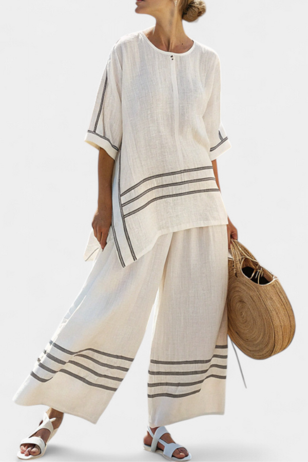 Ensemble Chic à Rayures - Pantalon Large et Blouse Asymétrique pour Femme