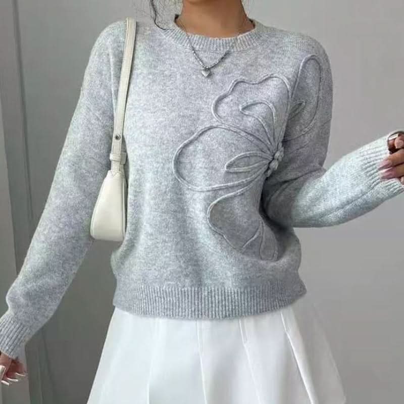 Pull Col Rond Motif Fleur Épaules Tombantes