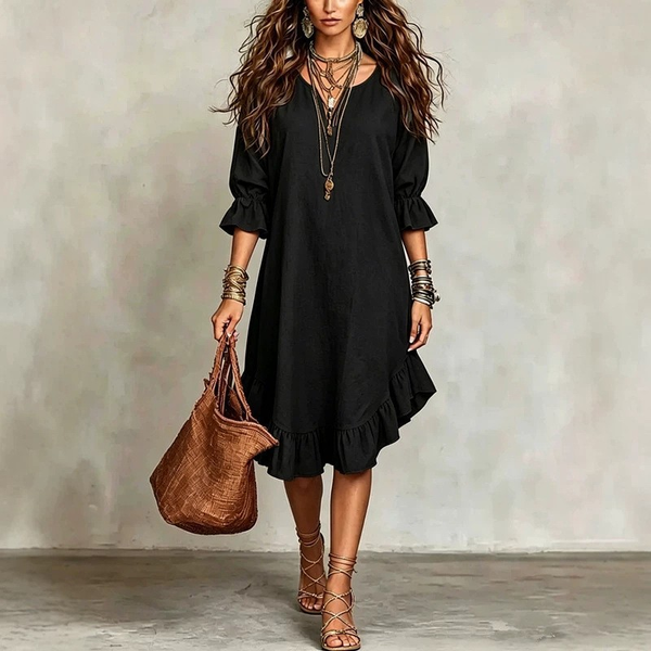 Robe Midi Volantée Asymétrique - Coupe Ample et Fluide