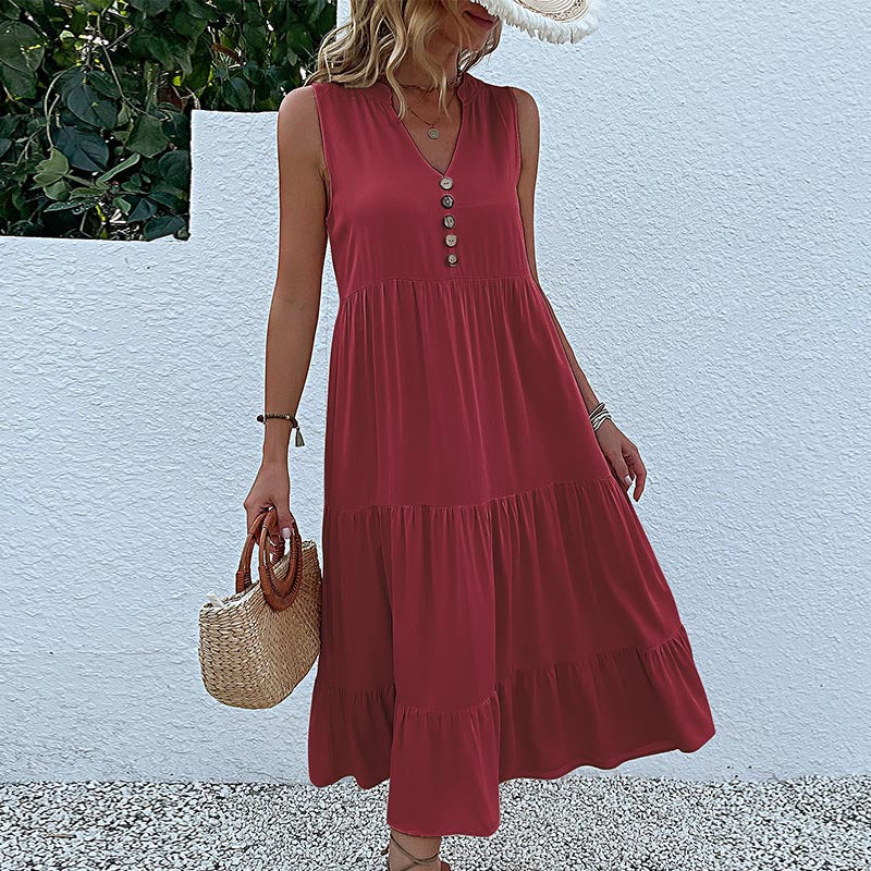 Robe maxi fluide à volants — détail de la taille haute flatteuse