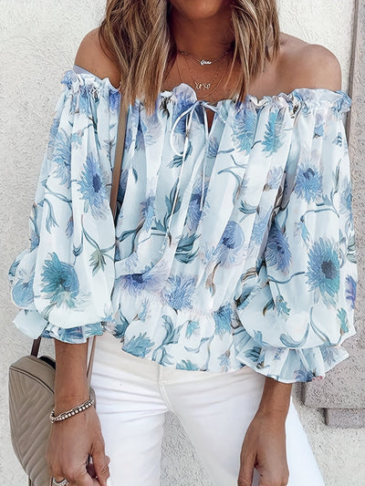 Blouse en mousseline florale à épaules découvertes - Manches lanternes plissées et légères