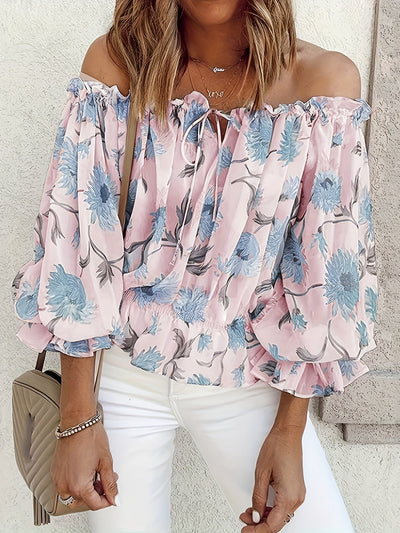 Blouse en mousseline florale à épaules découvertes - Manches lanternes plissées et légères