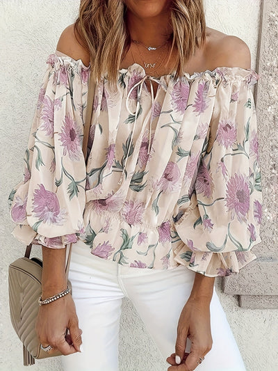 Blouse en mousseline florale à épaules découvertes - Manches lanternes plissées et légères
