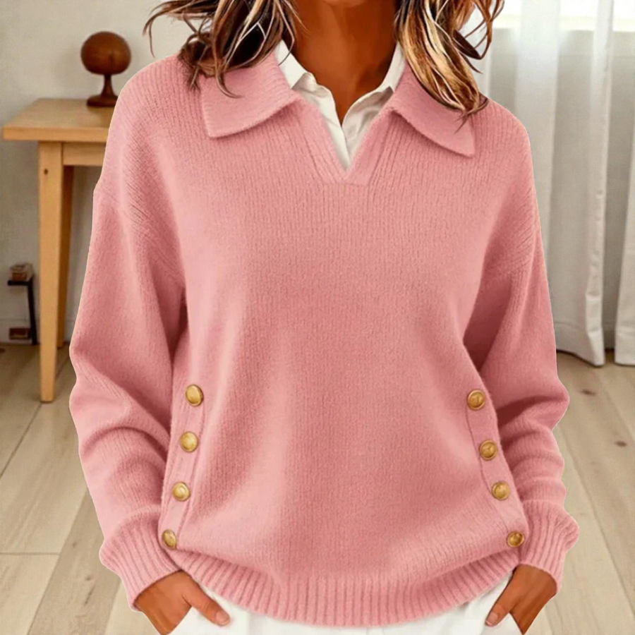 Pull Col Polo Structuré à Détails Dorés