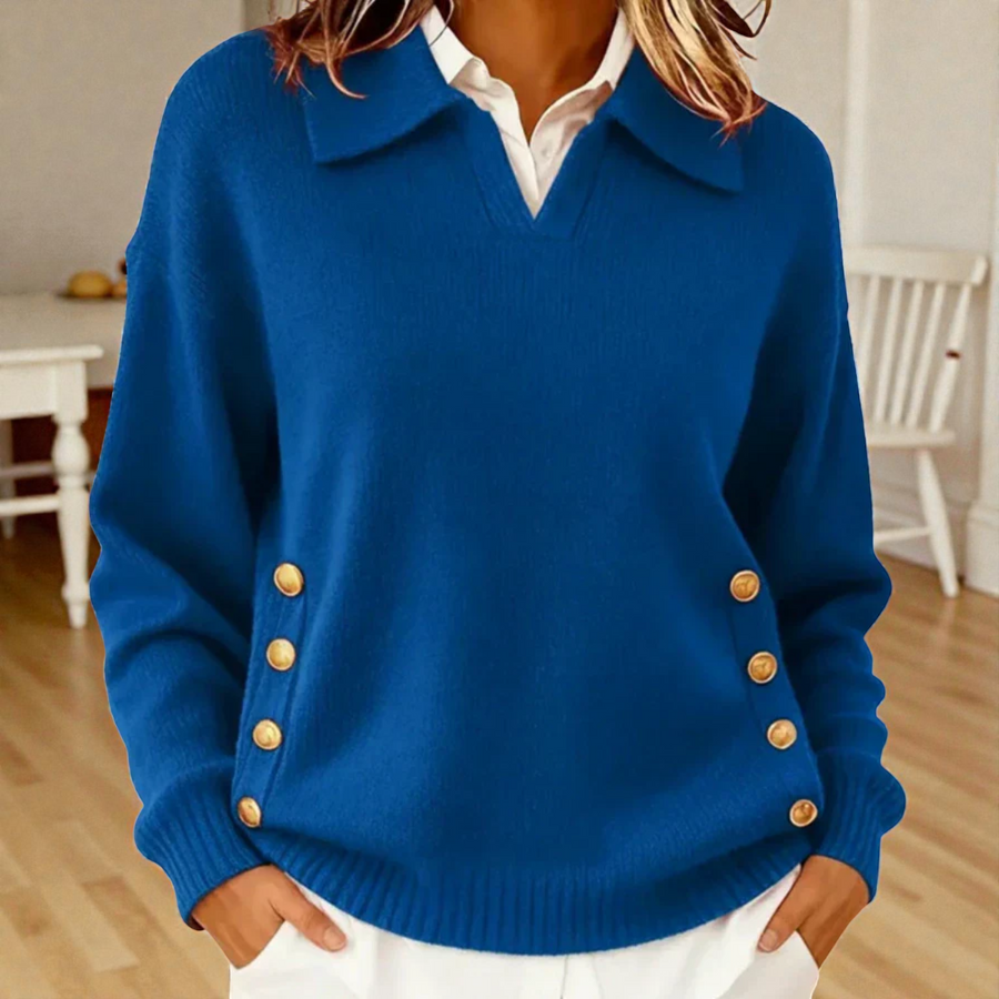 Pull Col Polo Structuré à Détails Dorés