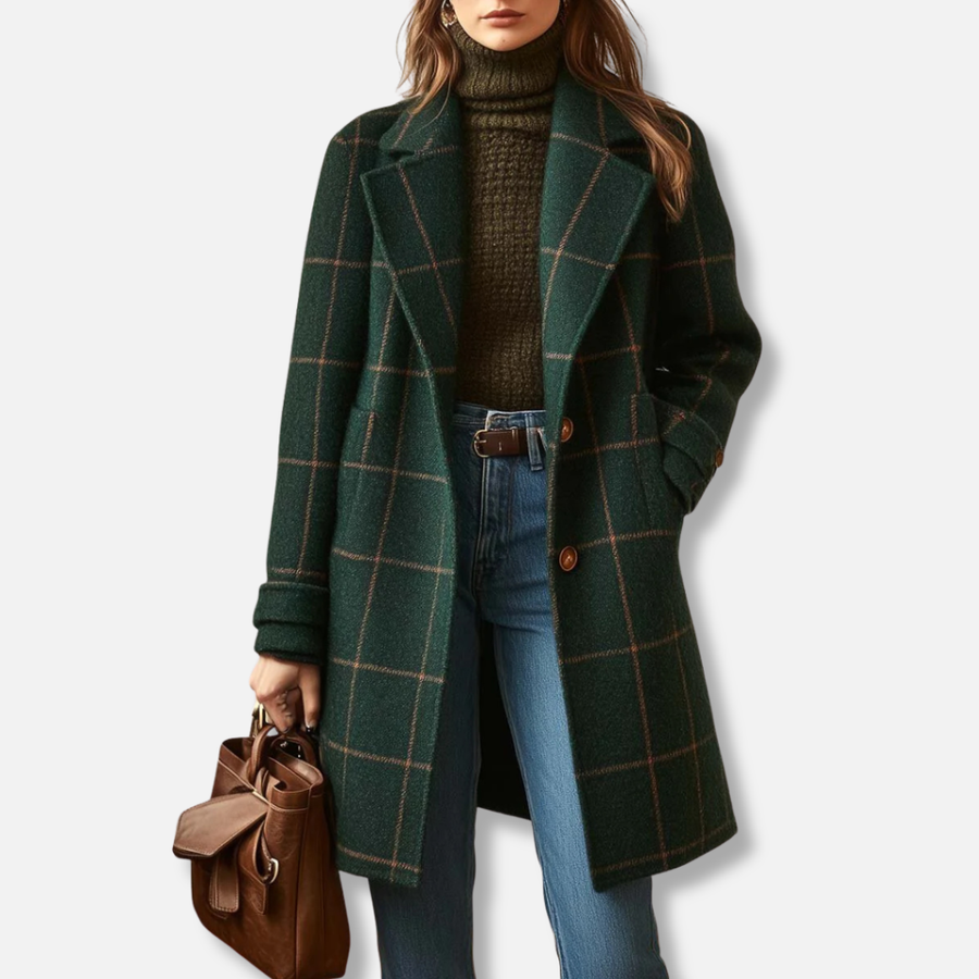 Manteau Long Croisé à Carreaux Verts