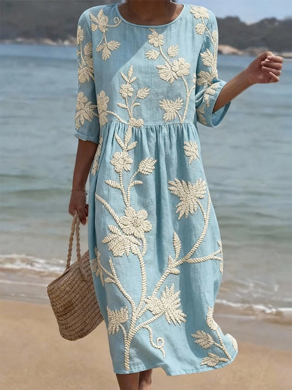 Robe Midi Fluide à Broderies Florales - Collection Vintage Élégante Esteé Paris