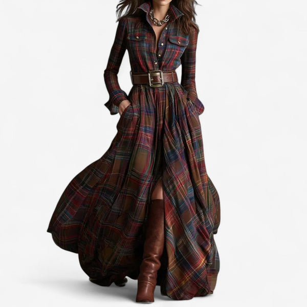 Robe Maxi Carreaux Intemporelle - Élégance Rustique et Raffinée