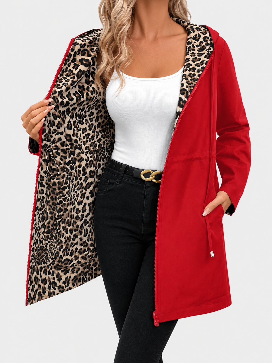 Manteau Mi-long Réversible à Capuche Léopard