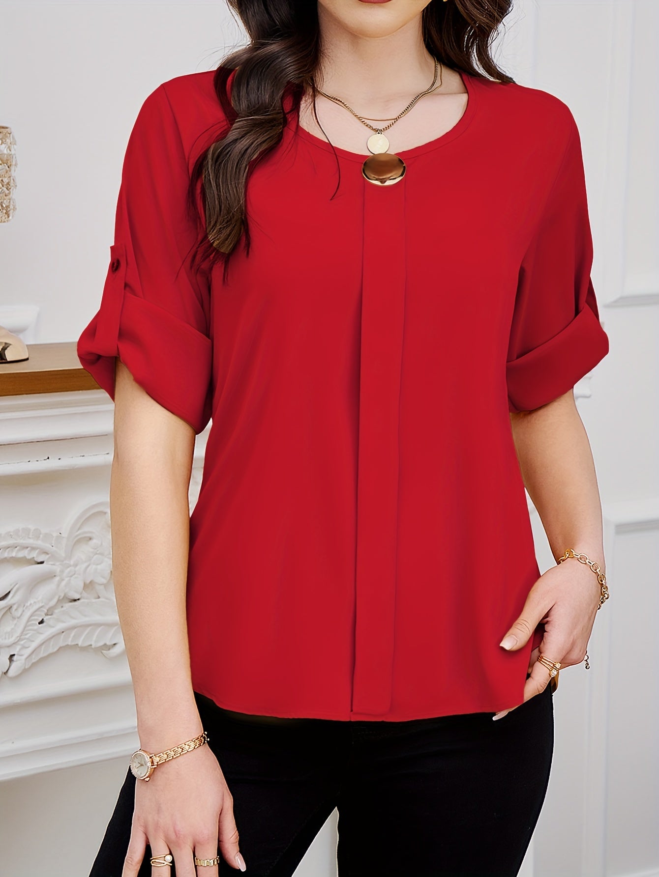 Chemisier à col rond - Plissé sur le devant et manches courtes