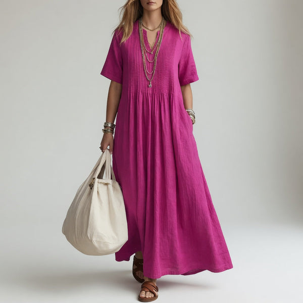 Robe longue oversize col V en coton - Élégance estivale et confort naturel