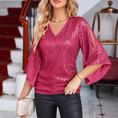 Larissa | Chic Paillettes Chemisier à col V et manches évasées
