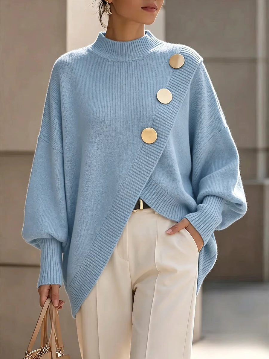 Pull Col Rond Boutons Dorés Coupe Ample