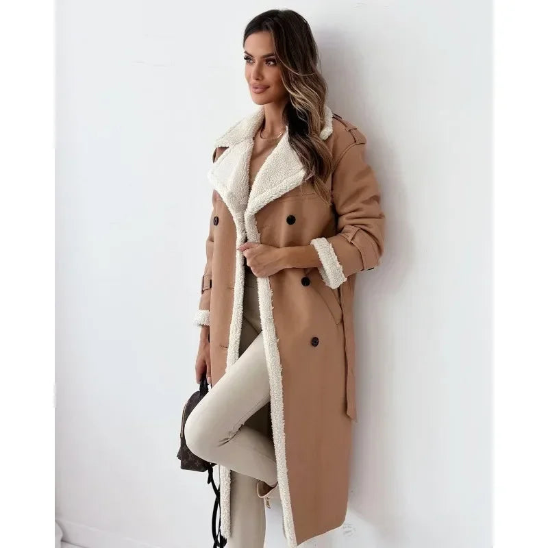 Manteau Long Effet Fourrure à Ceinture
