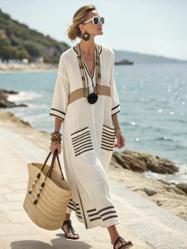 Robe Maxi Fluide Col V Rayures Graphiques - Coupe Ample Méditerranéenne