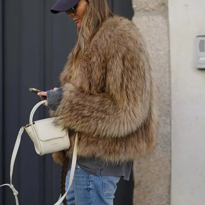 Manteau Effet Fourrure Oversize à Col Rond