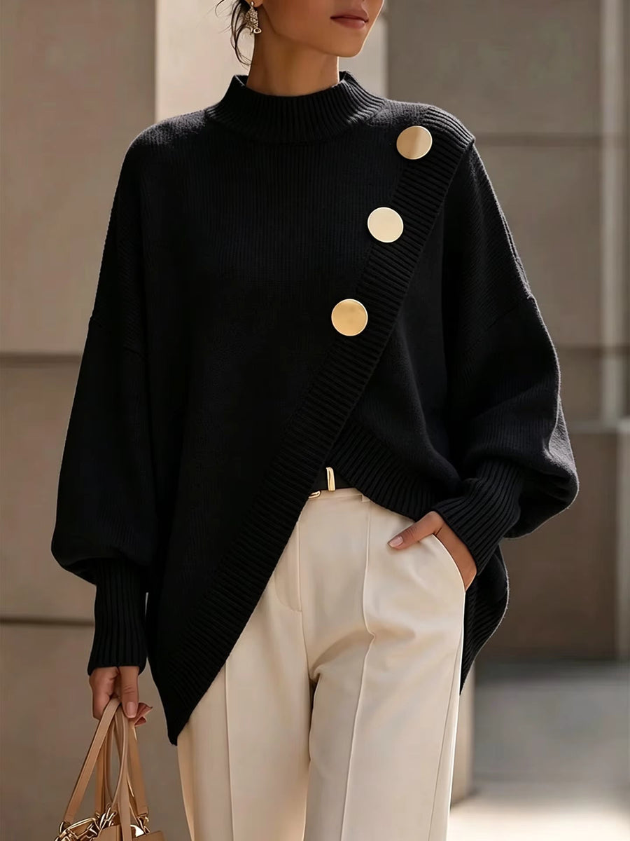 Pull Col Rond Boutons Dorés Coupe Ample