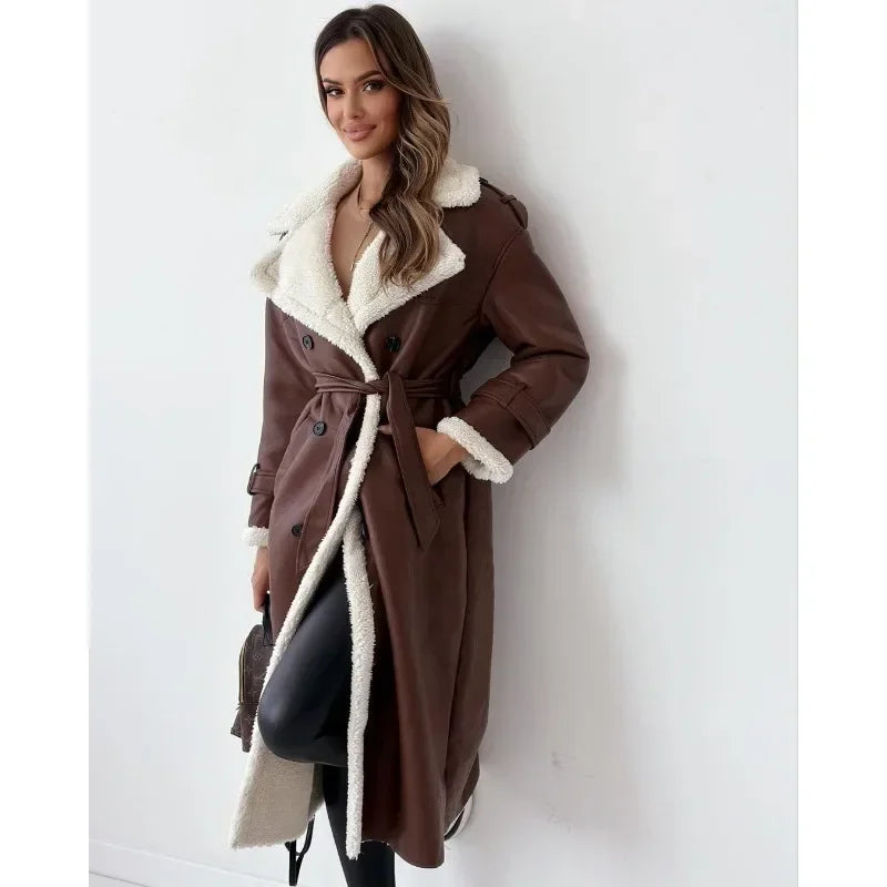Manteau Long Effet Fourrure à Ceinture