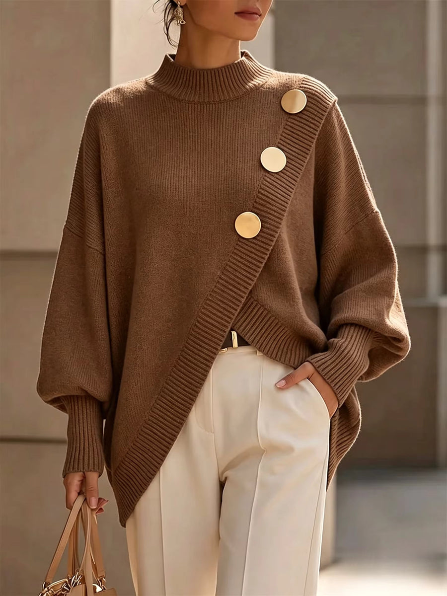 Pull Col Rond Boutons Dorés Coupe Ample