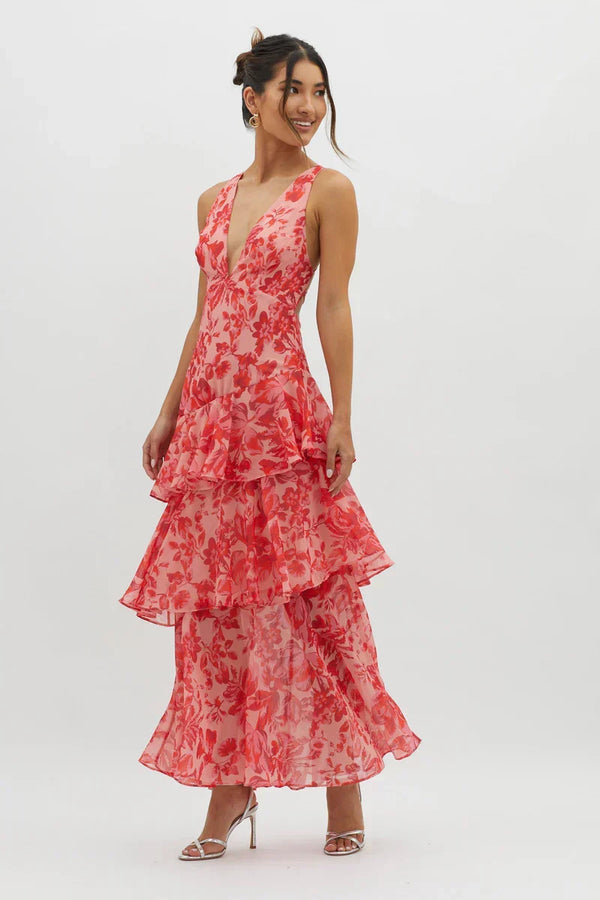 Lisa | Robe Midi Floral Corail – Élégance Fluide et Romantique