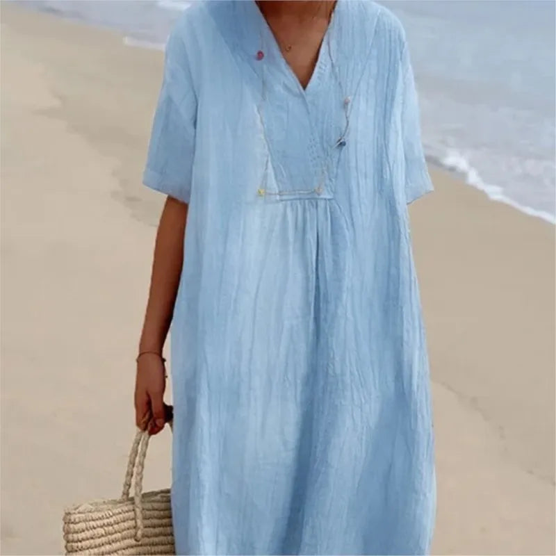 Robe maxi fluide texturée — vue de face en pied avec coupe semi-ajustée