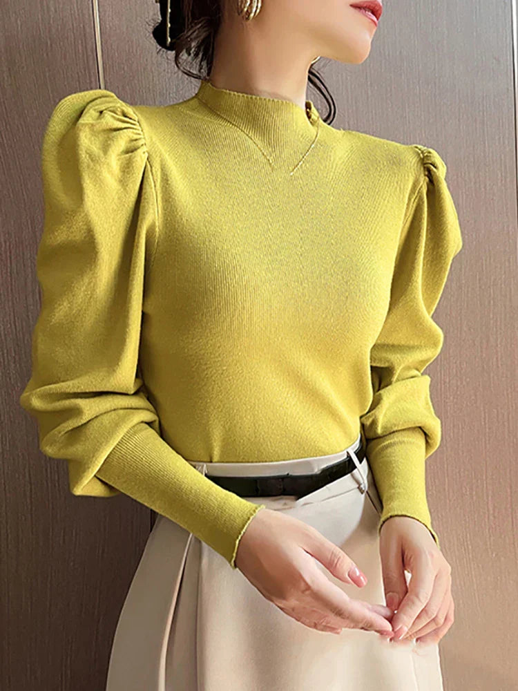 Blouse à manches longues à col rond Puff pour femmes