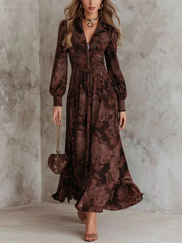 Vestido largo fluido con estampado vintage atemporal