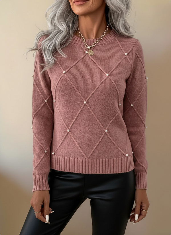 Pull Col Rond Motif Losanges Orné de Perles