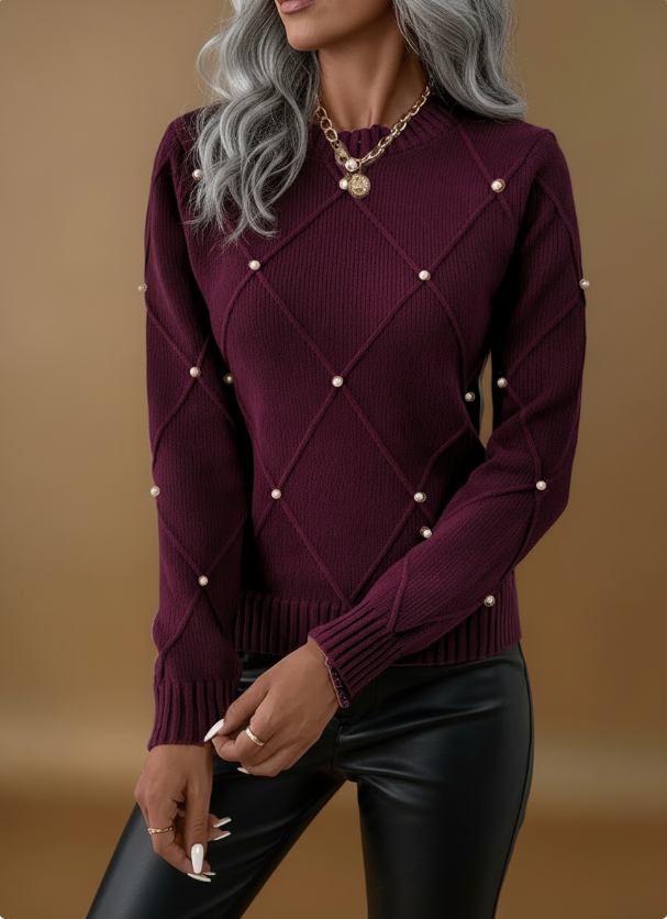 Pull col rond motif losanges perles — vue d'ensemble de profil