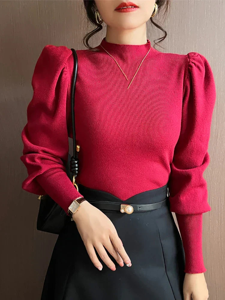 Blouse à manches longues à col rond Puff pour femmes