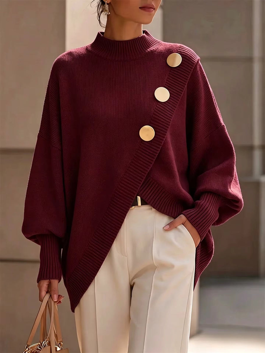 Pull Col Rond Boutons Dorés Coupe Ample