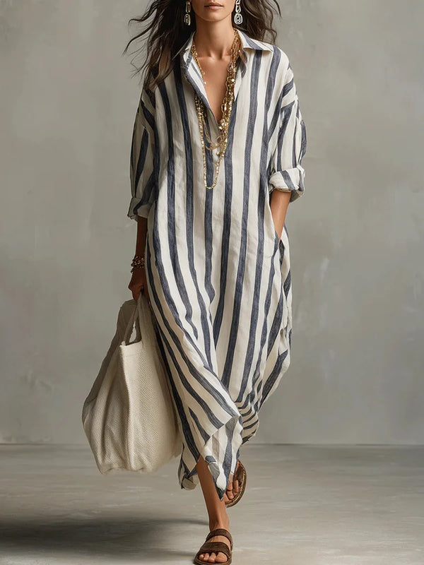 Robe Chemise Longue Rayée Femme - Coupe Ample Fluide Estivale