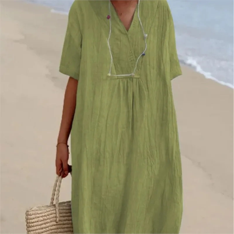 Robe maxi fluide texturée — détail des textures signature de la robe