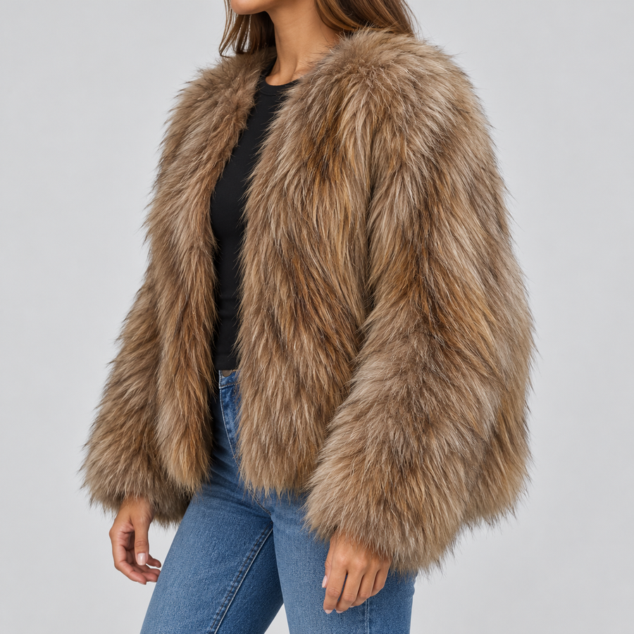 Manteau Effet Fourrure Oversize à Col Rond