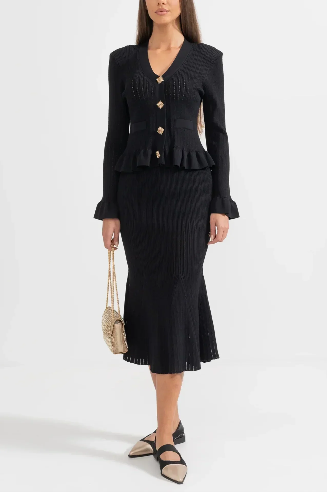 Prudence – Ensemble composé d'une robe midi en maille raffinée et d'un haut boutonné