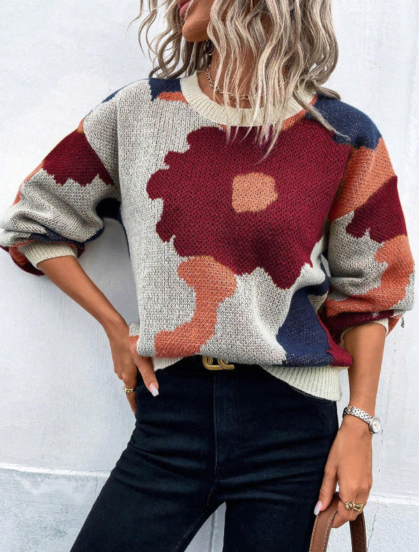 Pull Col Rond Motif Floral Graphique
