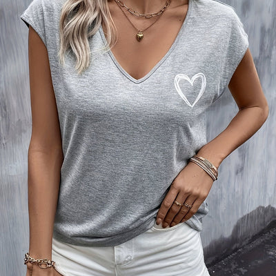 T-shirt avec impression de cœur - Col en V et manches courtes pour plus de commodité