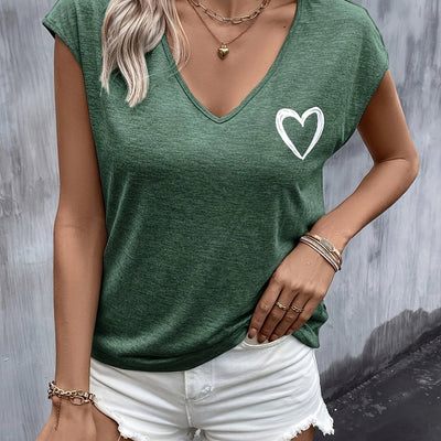 T-shirt avec impression de cœur - Col en V et manches courtes pour plus de commodité
