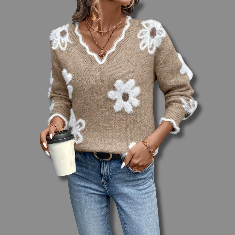 Pull Col V Motif Floral Élégant