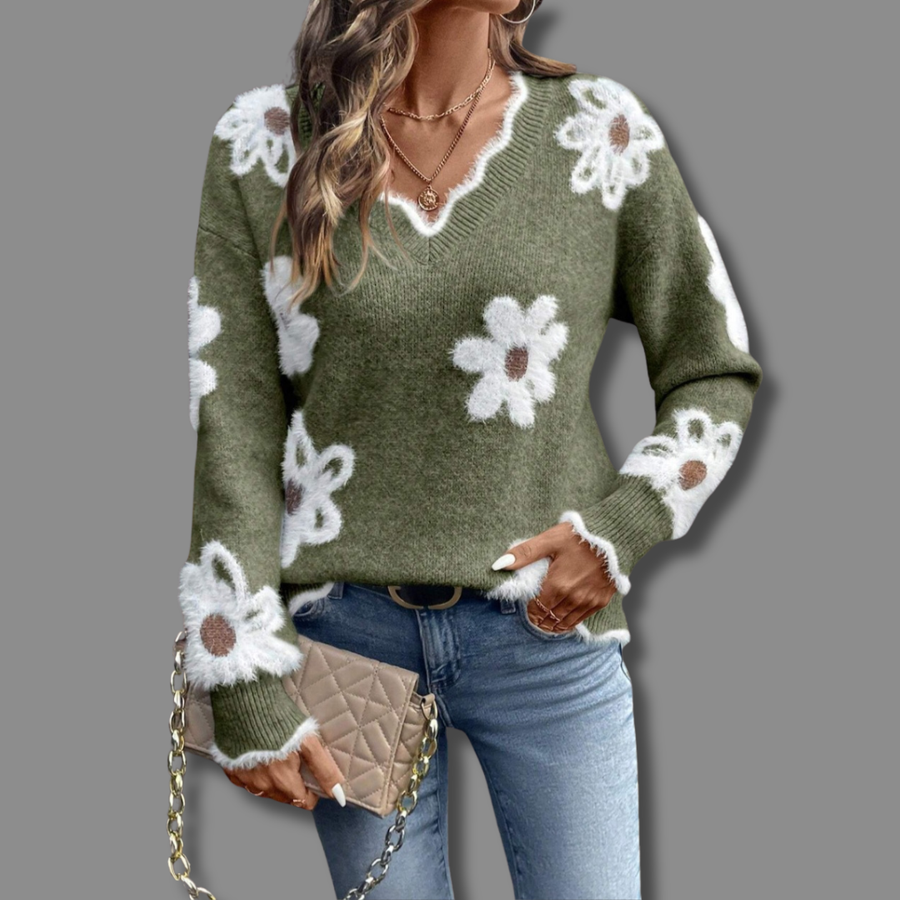 Pull Col V Motif Floral Élégant