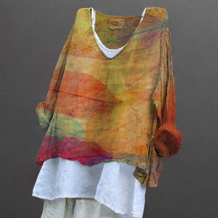 Tierne - T-shirt décontracté en coton et lin avec imprimé feuilles et encolure en V