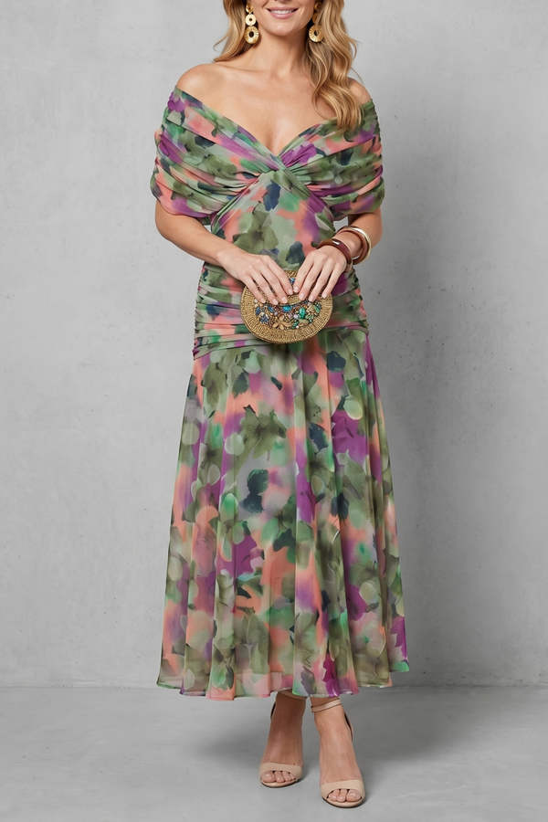 Robe longue fluide à fleurs – Encolure drapée élégante